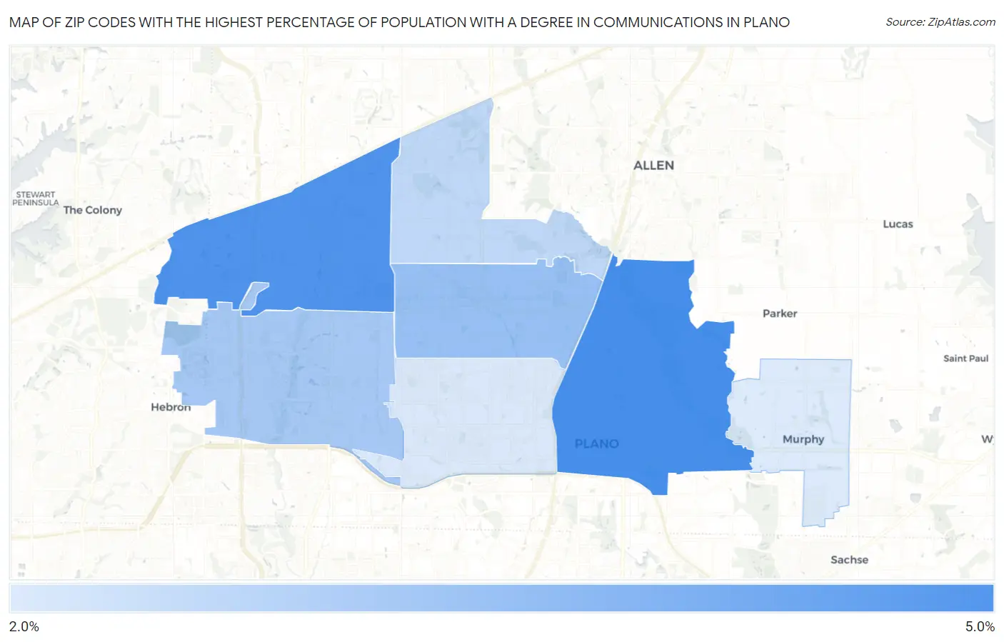 Zip Codes with the Highest Percentage of Population with a Degree in Communications in Plano Map
