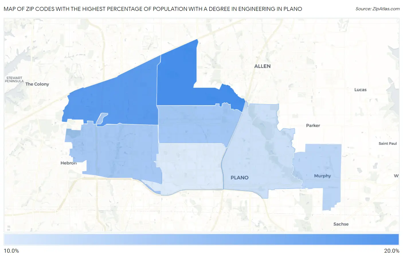 Zip Codes with the Highest Percentage of Population with a Degree in Engineering in Plano Map