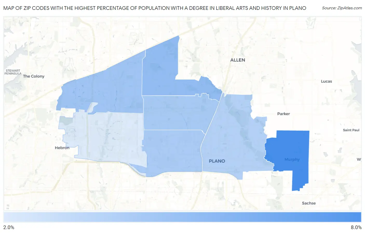 Zip Codes with the Highest Percentage of Population with a Degree in Liberal Arts and History in Plano Map
