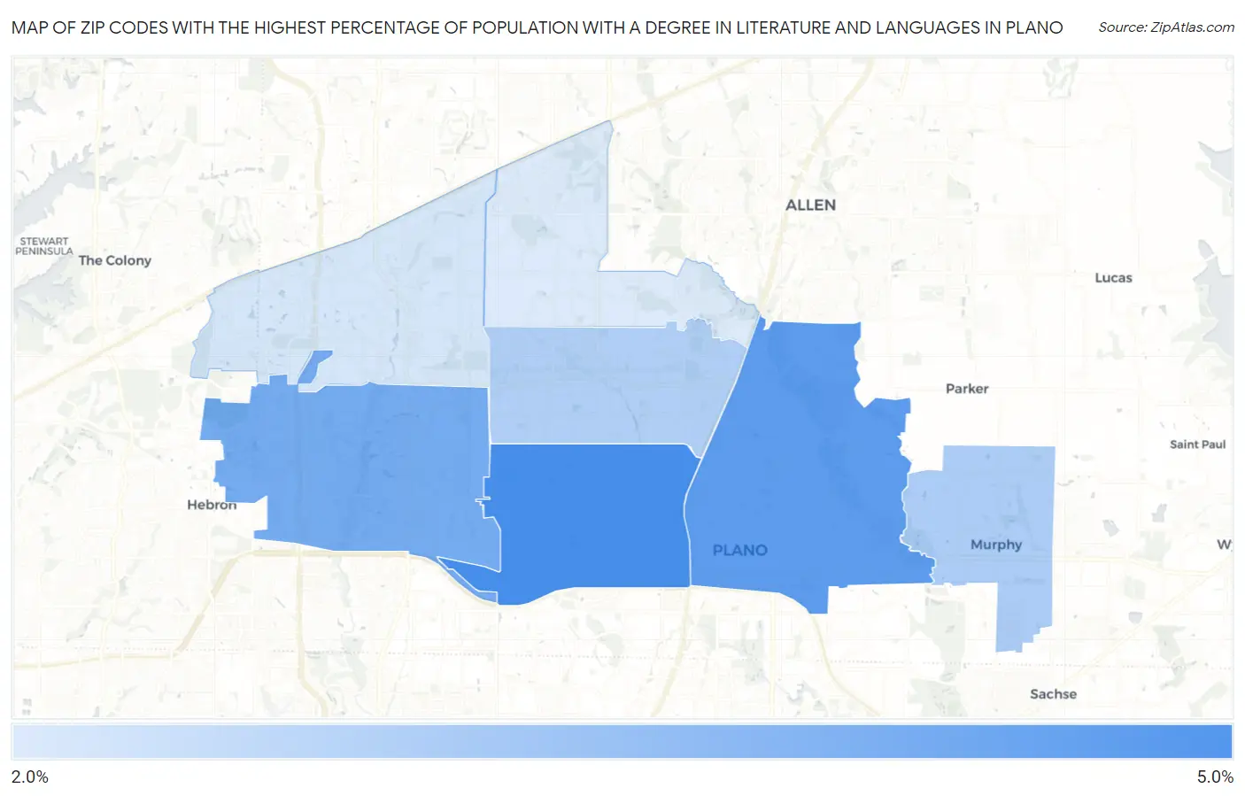 Zip Codes with the Highest Percentage of Population with a Degree in Literature and Languages in Plano Map