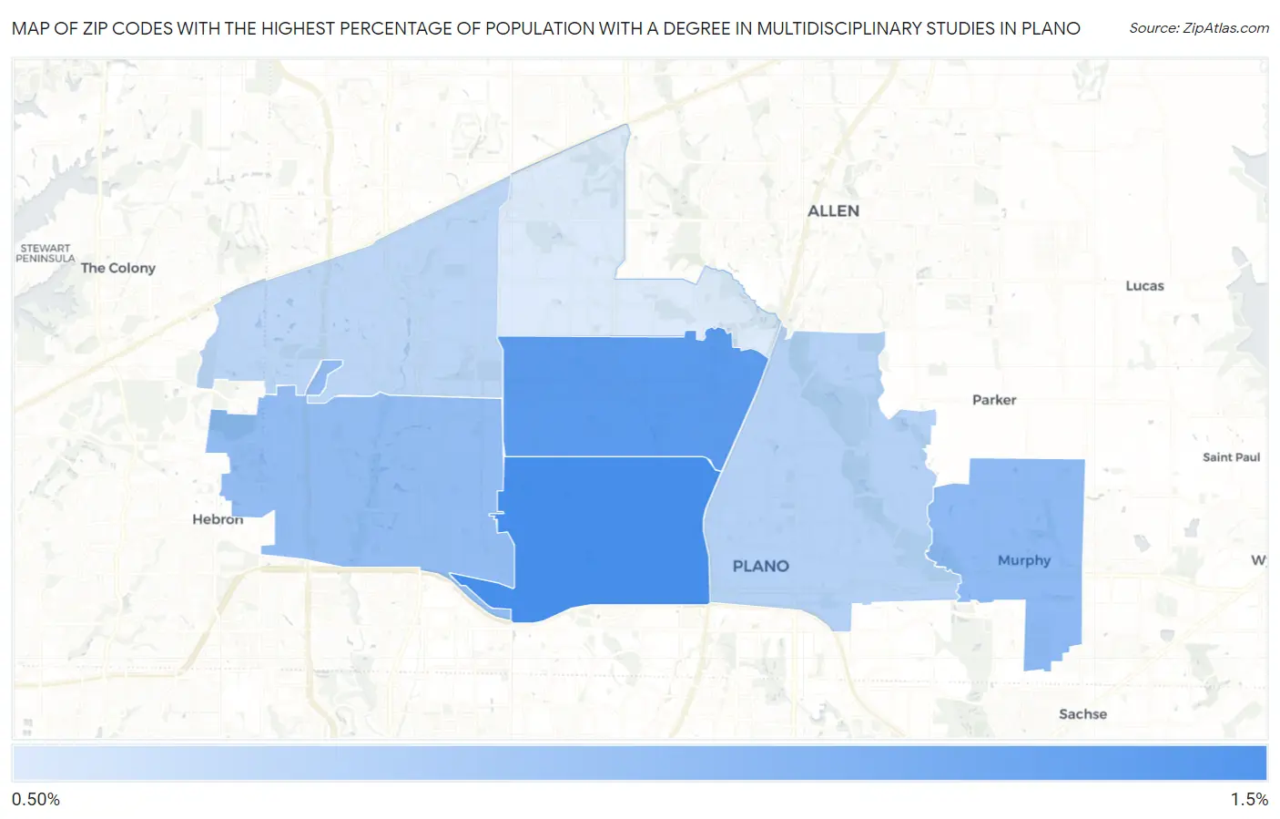 Zip Codes with the Highest Percentage of Population with a Degree in Multidisciplinary Studies in Plano Map