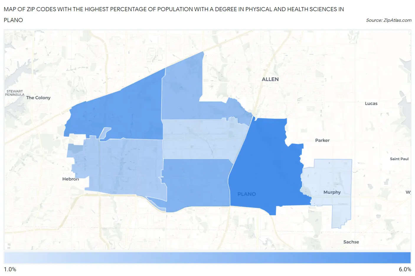 Zip Codes with the Highest Percentage of Population with a Degree in Physical and Health Sciences in Plano Map