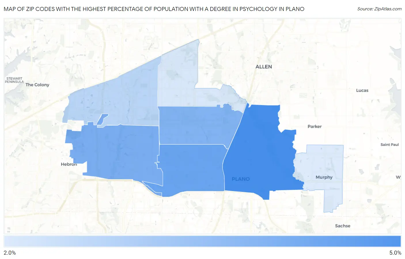 Zip Codes with the Highest Percentage of Population with a Degree in Psychology in Plano Map