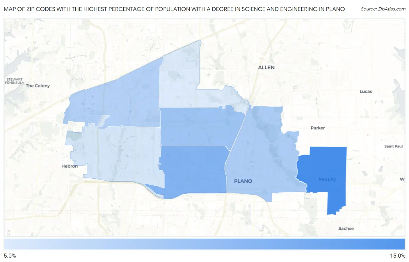 Zip Codes with the Highest Percentage of Population with a Degree in Science and Engineering in Plano Map