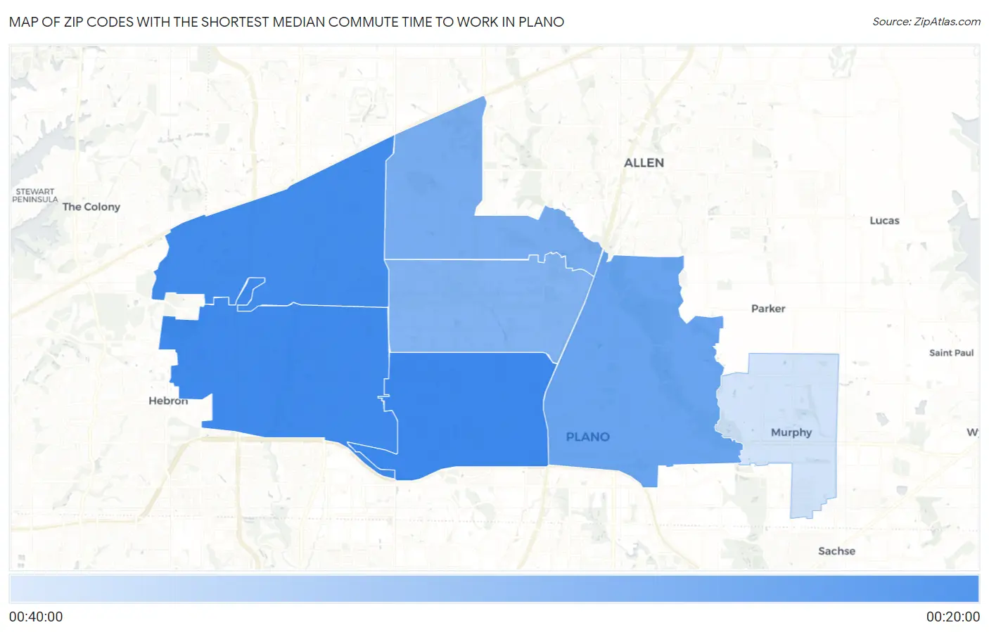 Zip Codes with the Shortest Median Commute Time to Work in Plano Map