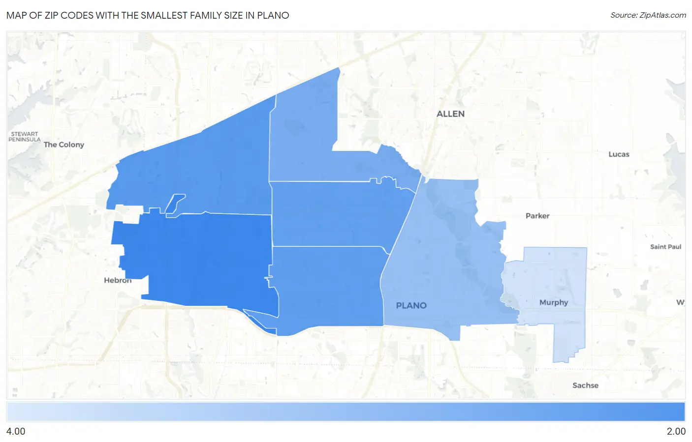 Zip Codes with the Smallest Family Size in Plano Map