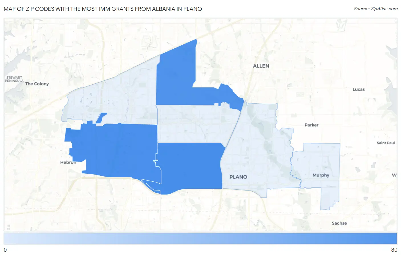 Zip Codes with the Most Immigrants from Albania in Plano Map