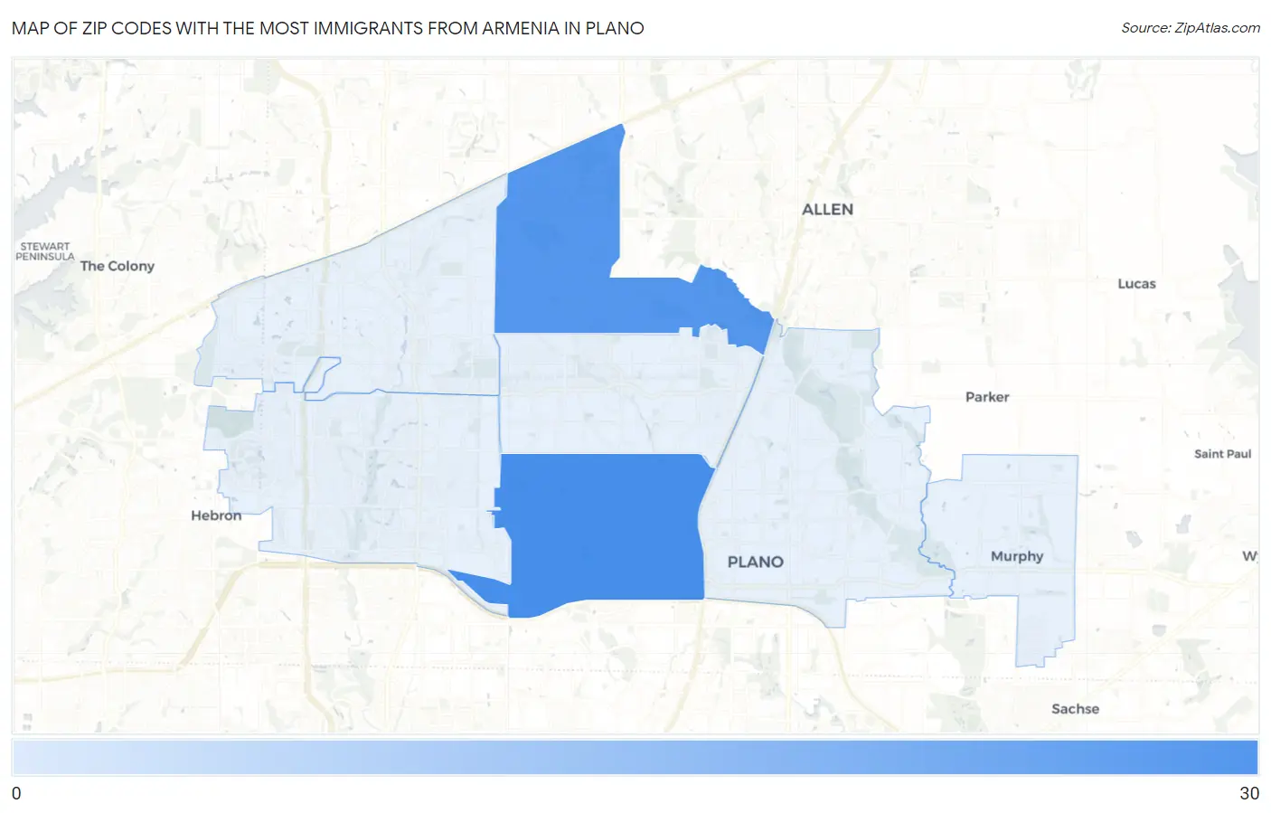 Zip Codes with the Most Immigrants from Armenia in Plano Map