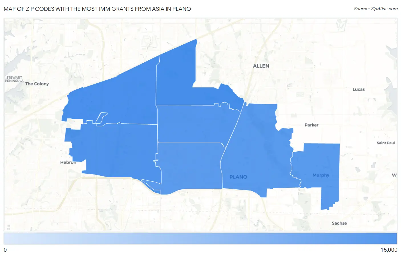 Zip Codes with the Most Immigrants from Asia in Plano Map