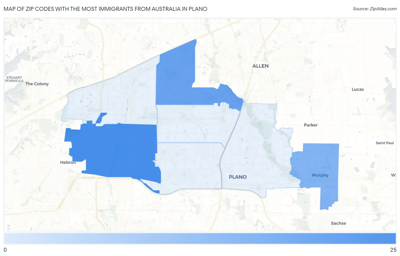 Zip Codes with the Most Immigrants from Australia in Plano Map