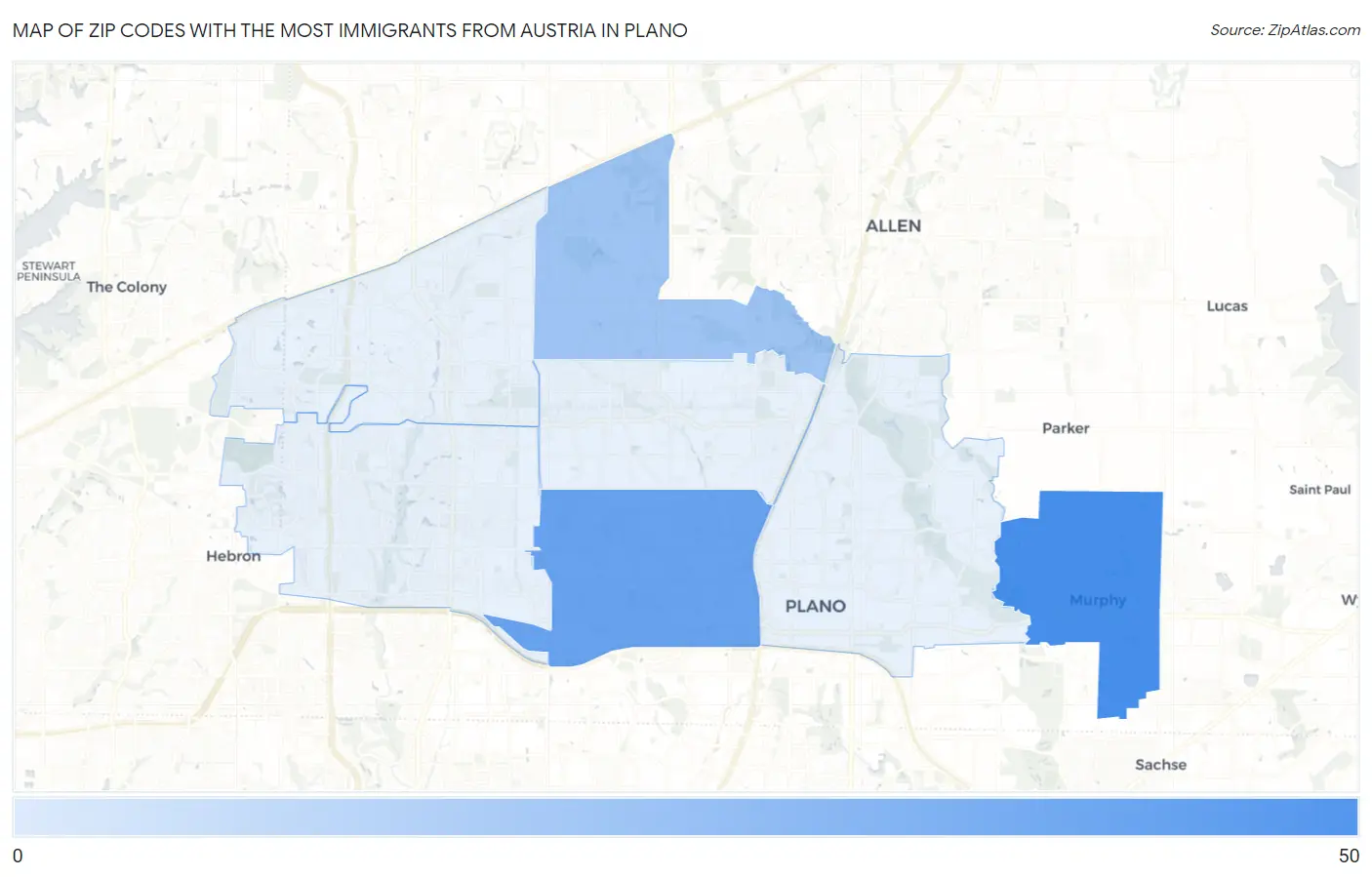 Zip Codes with the Most Immigrants from Austria in Plano Map