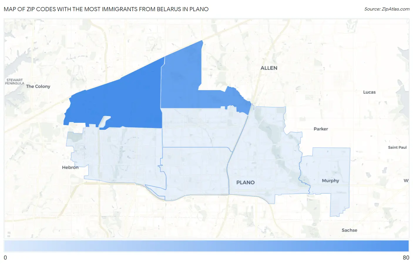 Zip Codes with the Most Immigrants from Belarus in Plano Map