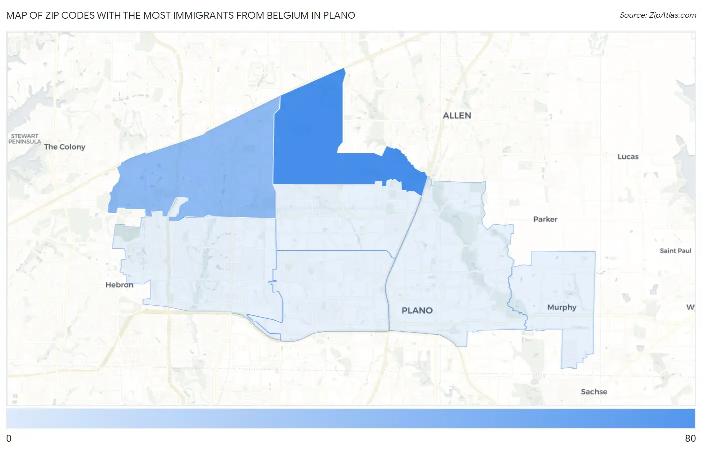 Zip Codes with the Most Immigrants from Belgium in Plano Map