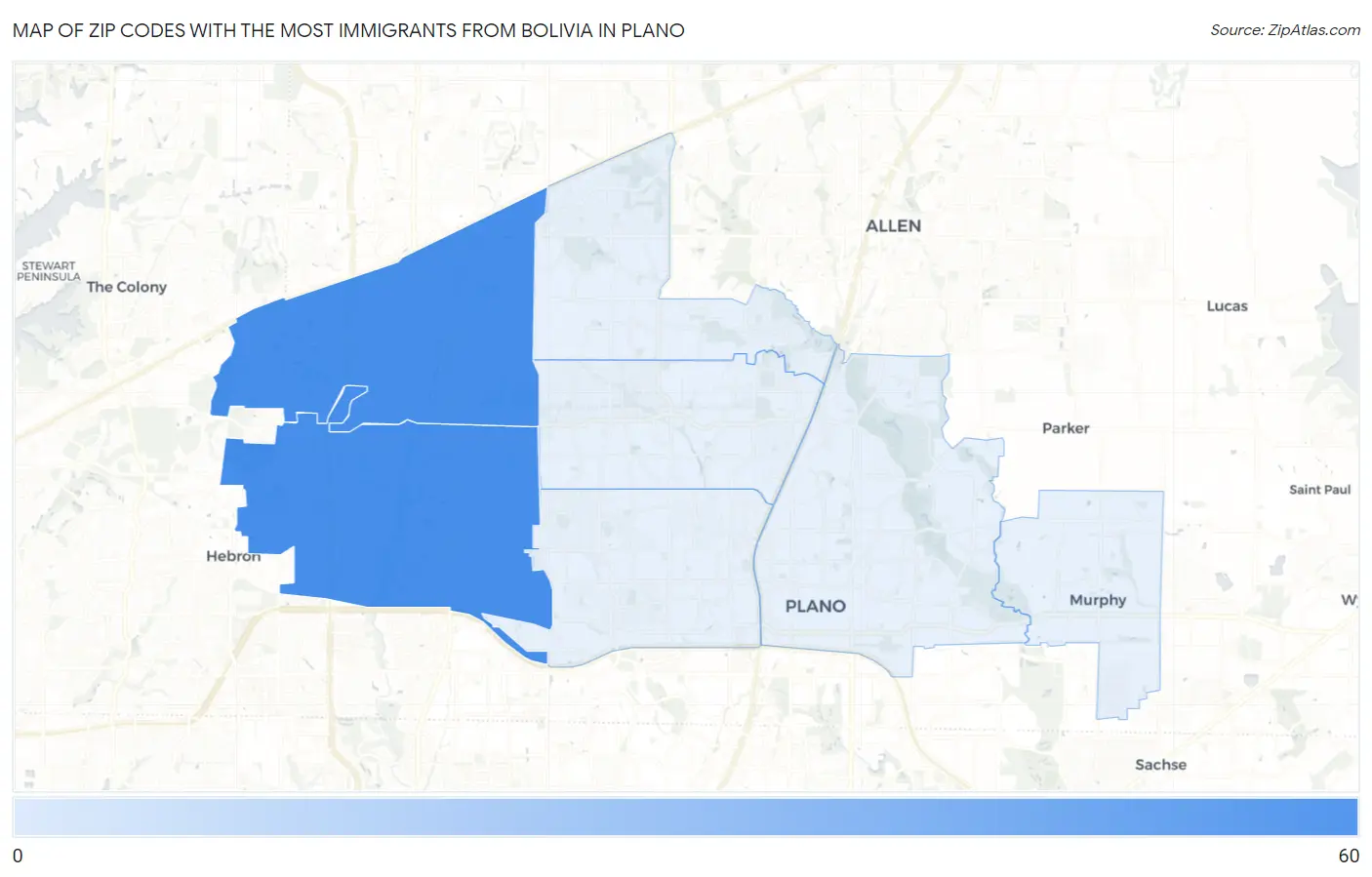 Zip Codes with the Most Immigrants from Bolivia in Plano Map