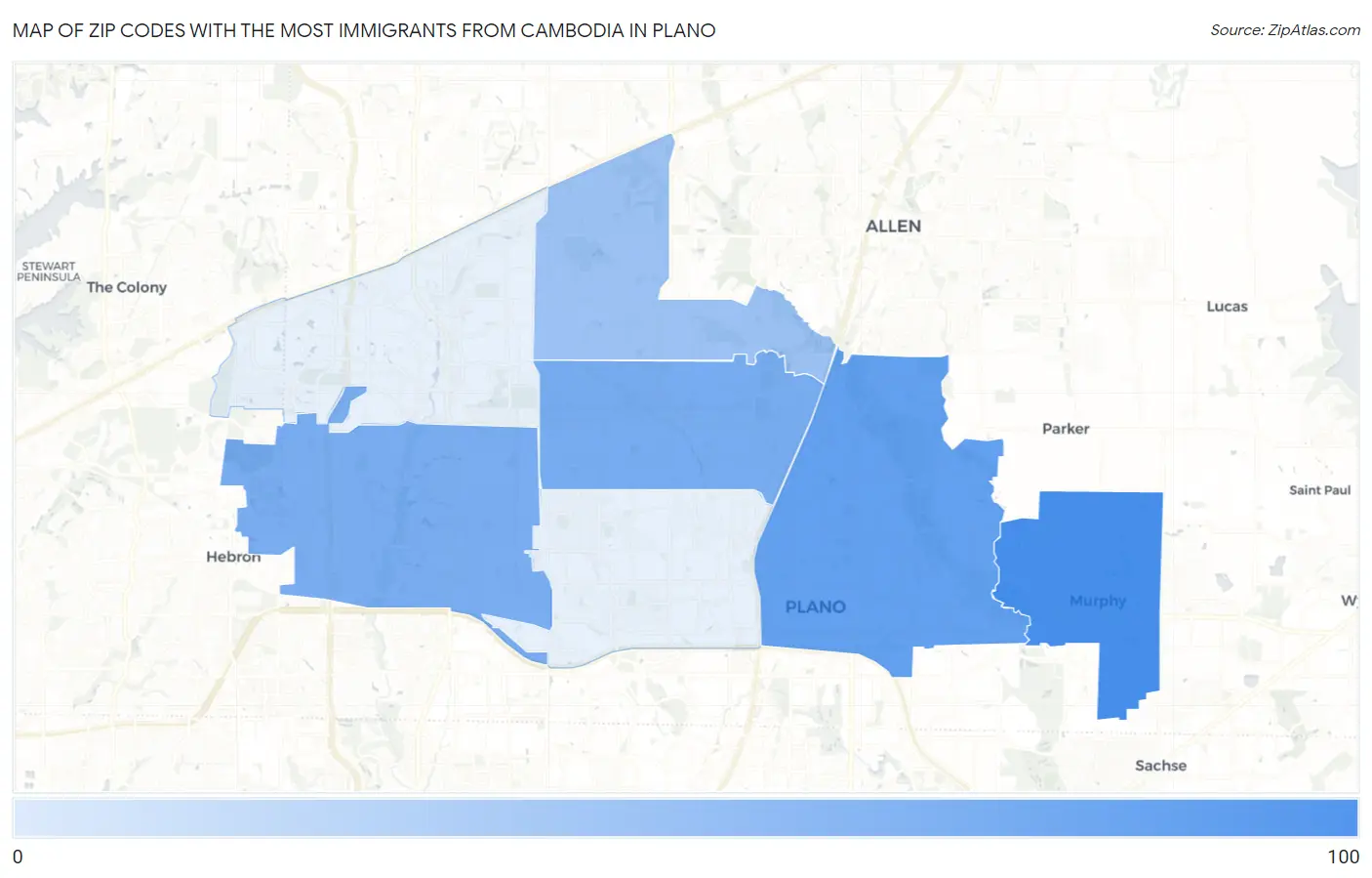 Zip Codes with the Most Immigrants from Cambodia in Plano Map
