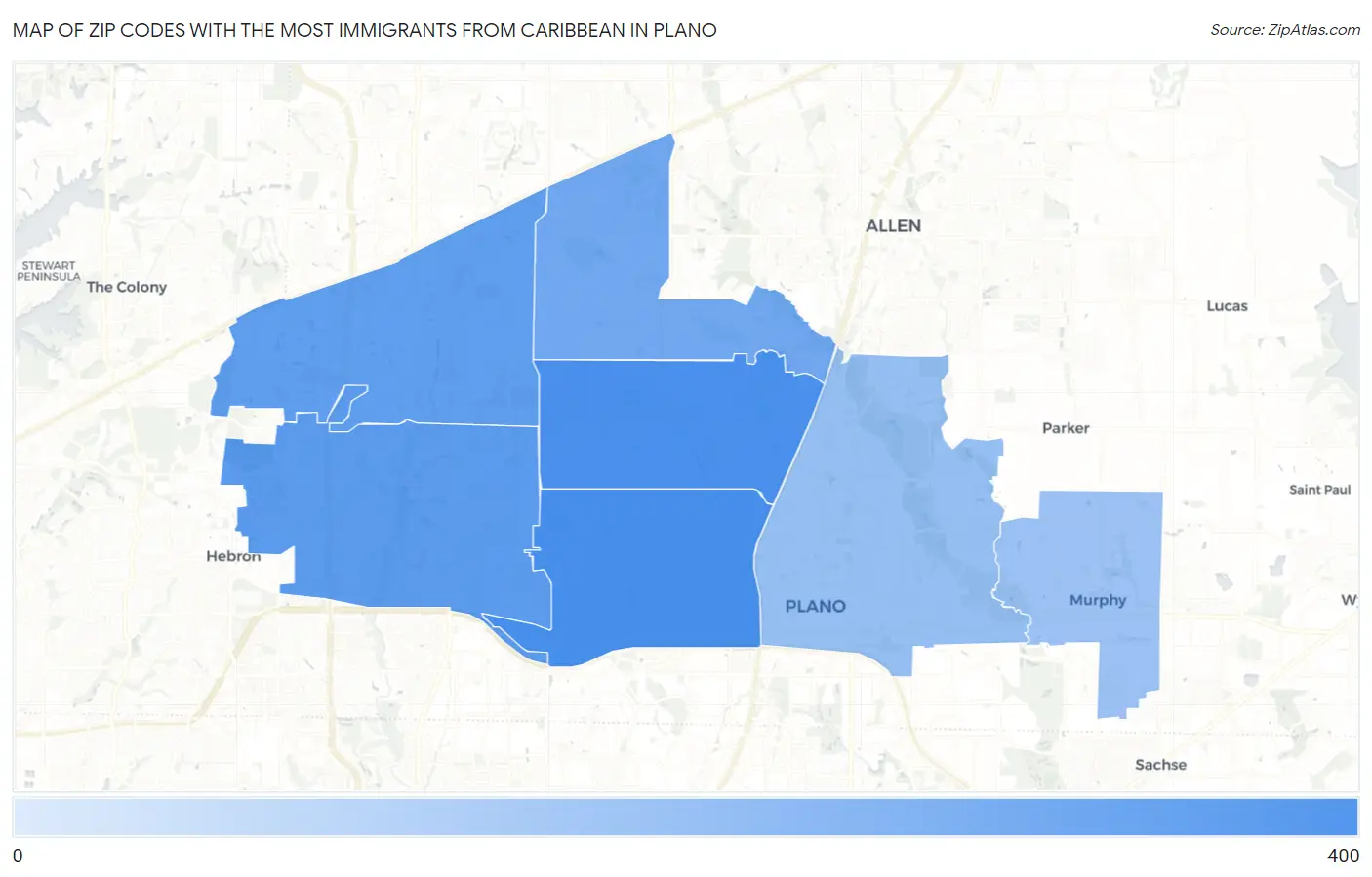 Zip Codes with the Most Immigrants from Caribbean in Plano Map