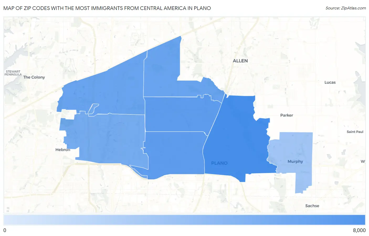 Zip Codes with the Most Immigrants from Central America in Plano Map