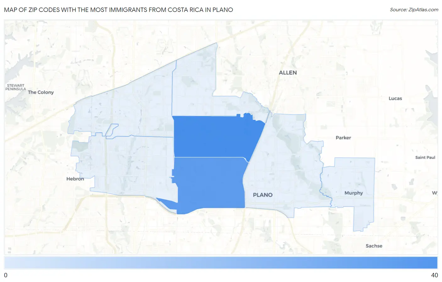 Zip Codes with the Most Immigrants from Costa Rica in Plano Map