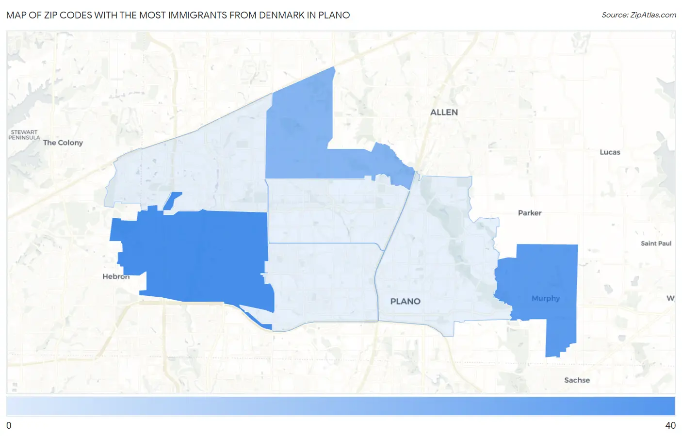 Zip Codes with the Most Immigrants from Denmark in Plano Map