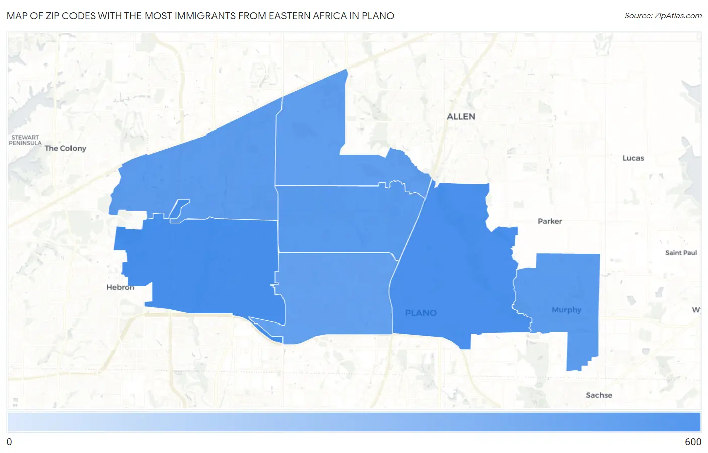 Zip Codes with the Most Immigrants from Eastern Africa in Plano Map