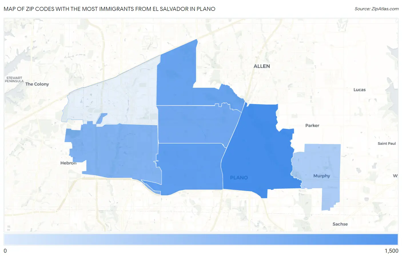 Zip Codes with the Most Immigrants from El Salvador in Plano Map