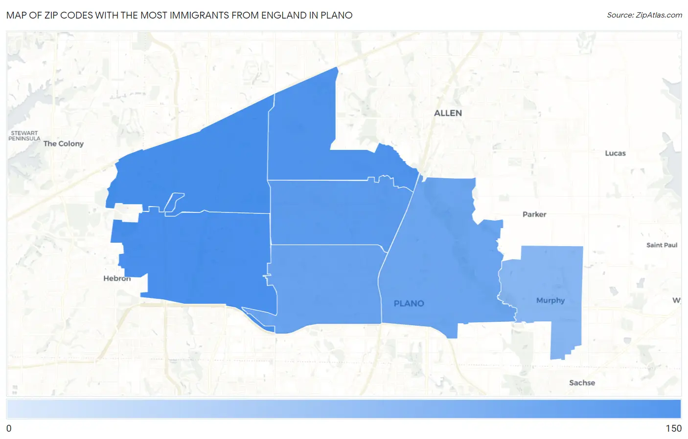 Zip Codes with the Most Immigrants from England in Plano Map