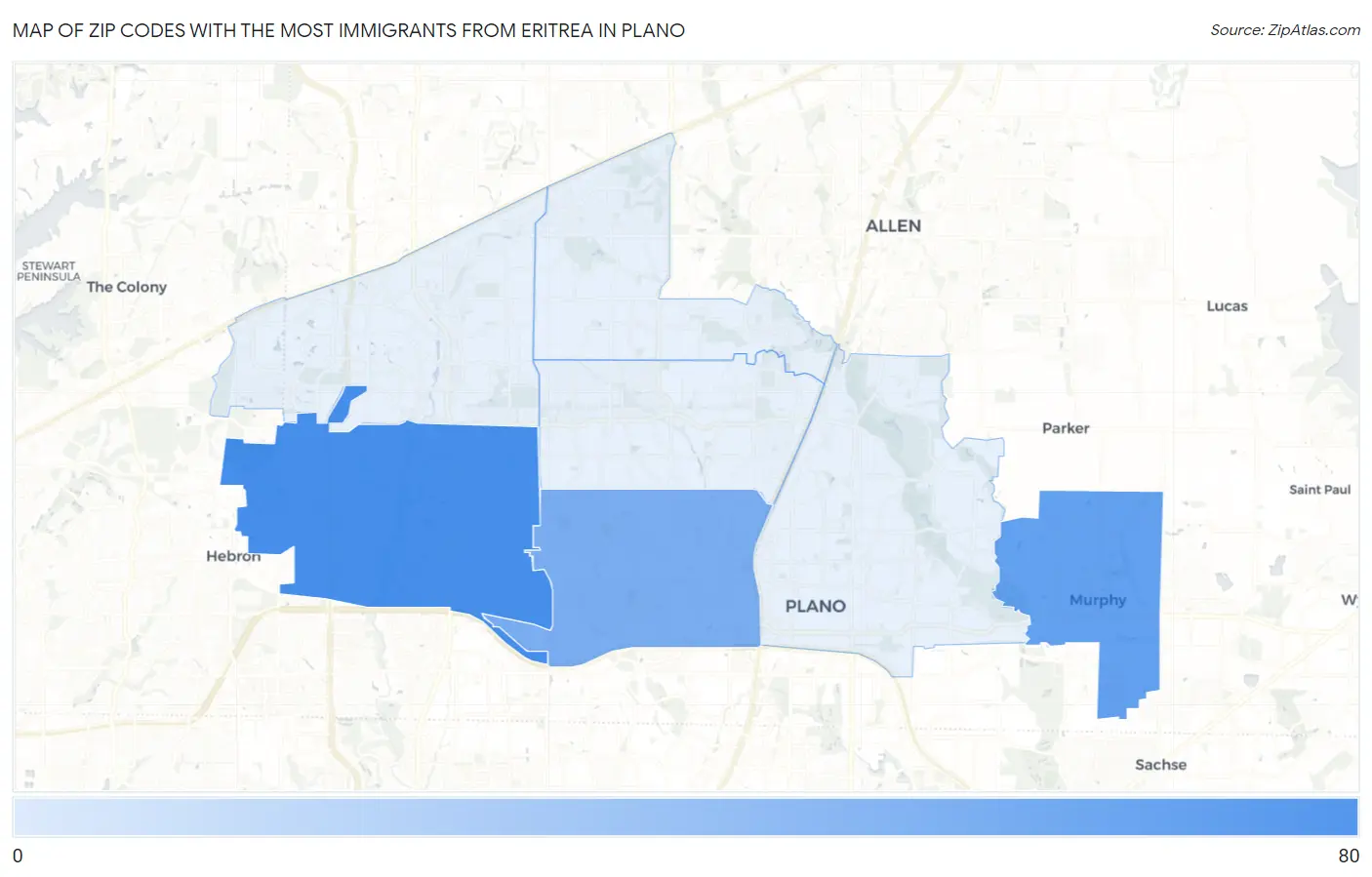Zip Codes with the Most Immigrants from Eritrea in Plano Map