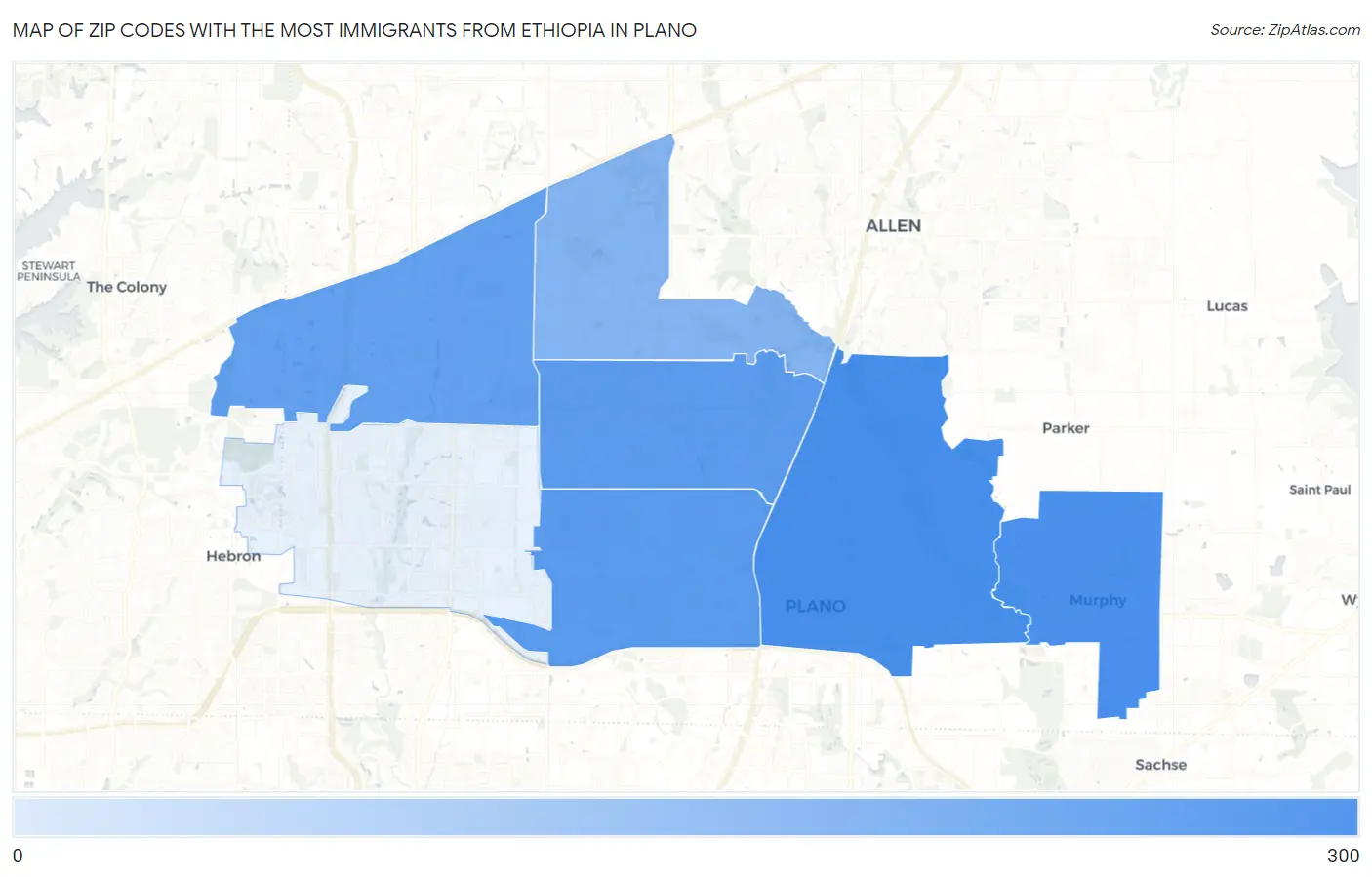 Zip Codes with the Most Immigrants from Ethiopia in Plano Map