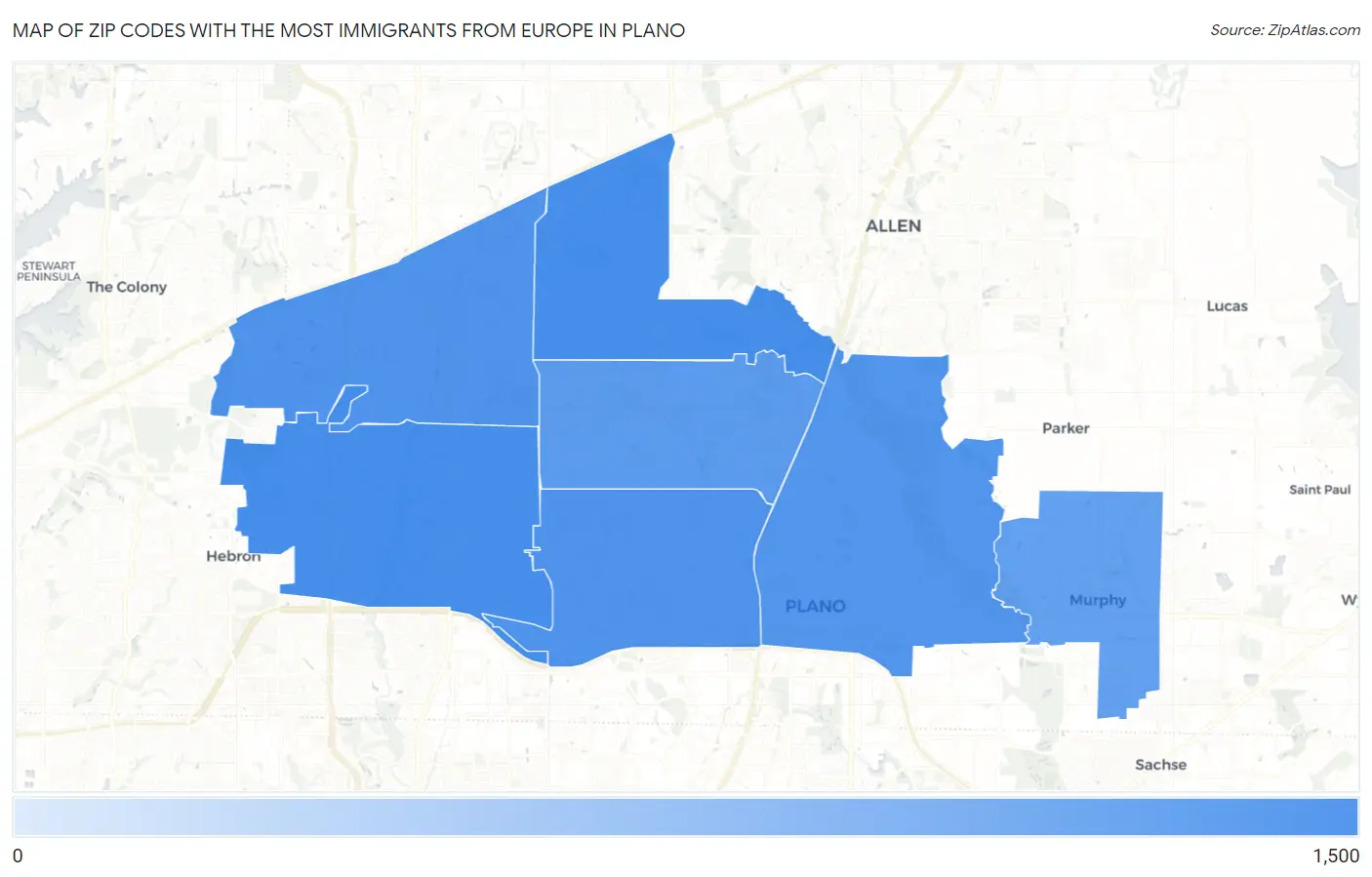 Zip Codes with the Most Immigrants from Europe in Plano Map