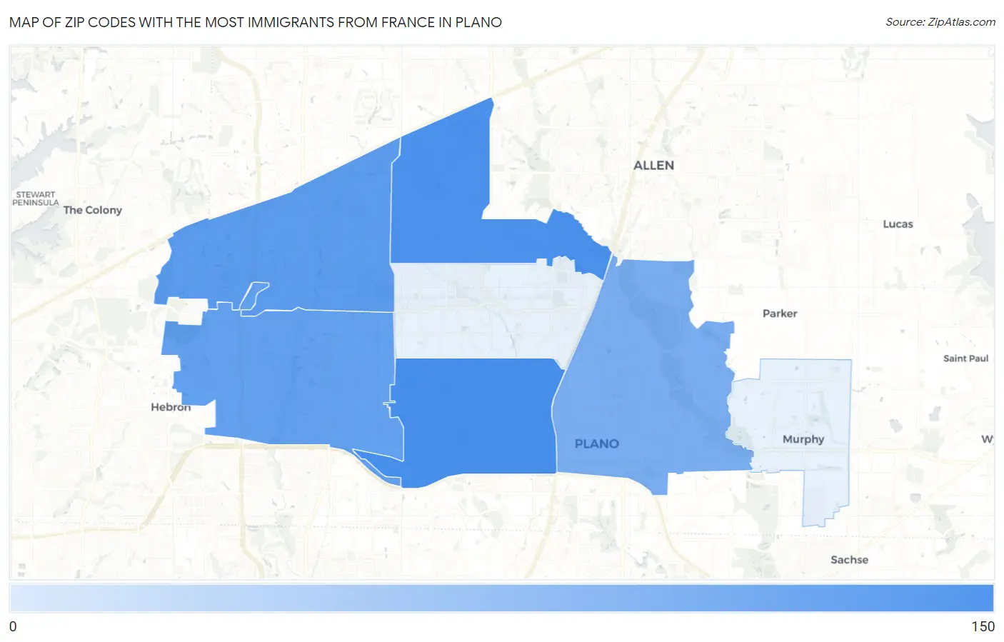 Zip Codes with the Most Immigrants from France in Plano Map