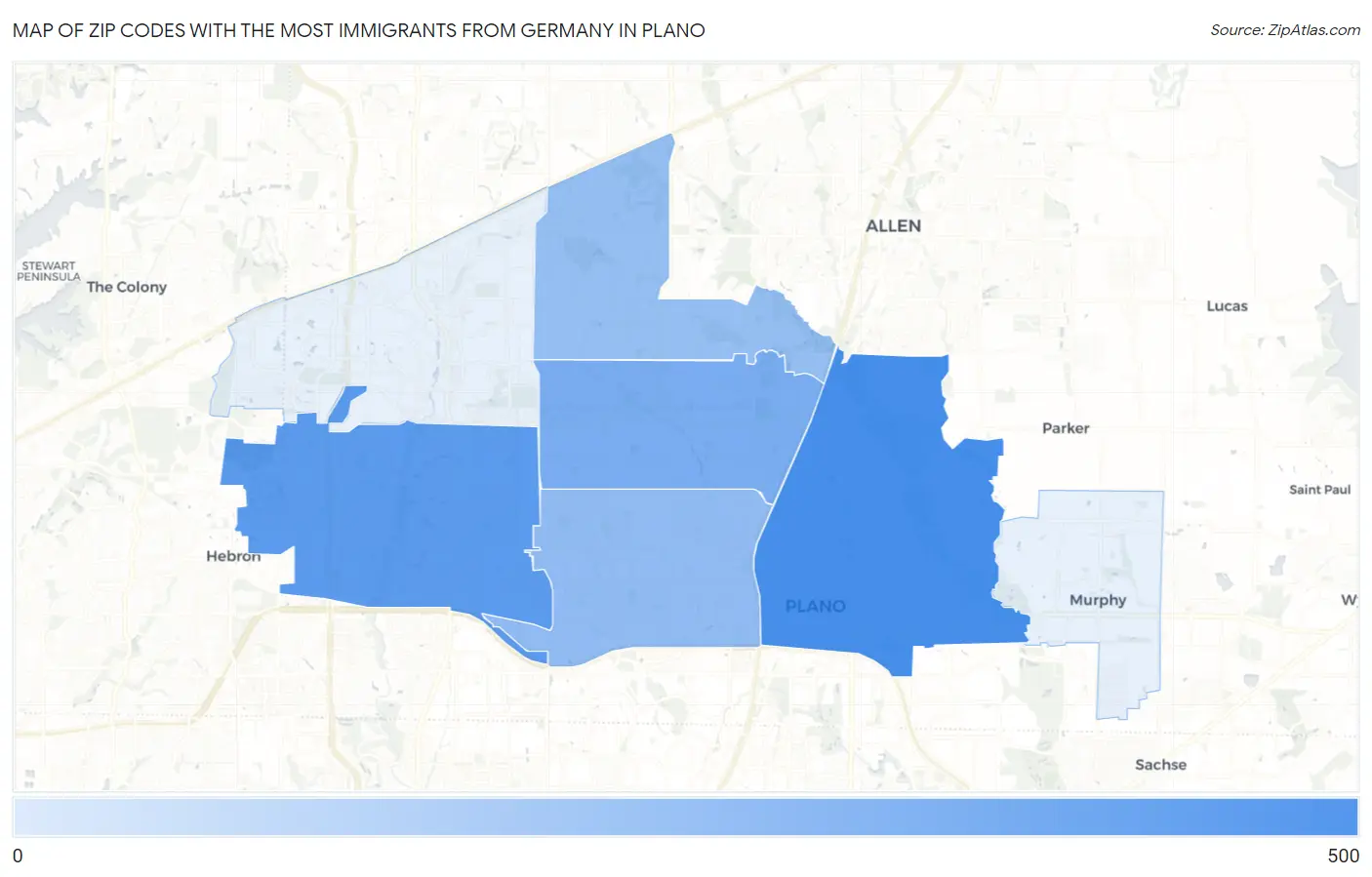 Zip Codes with the Most Immigrants from Germany in Plano Map
