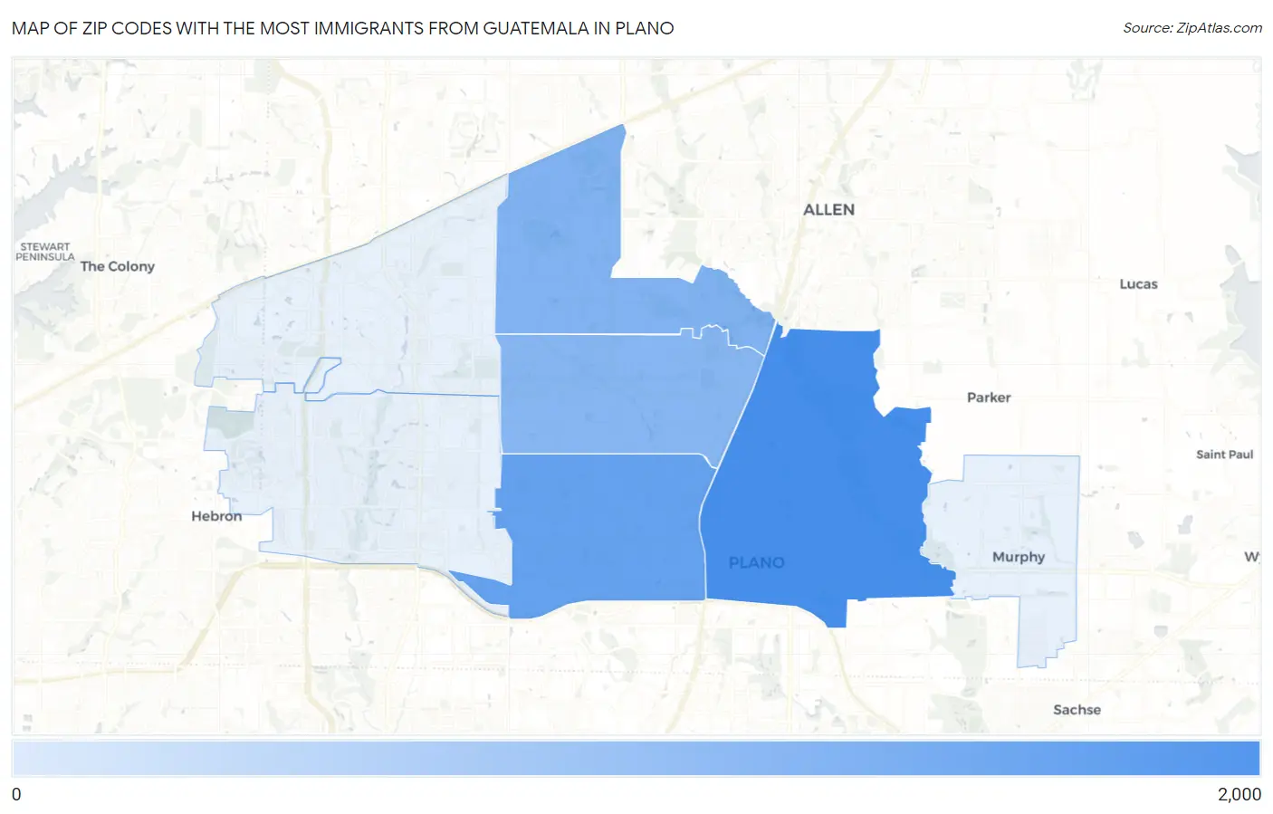 Zip Codes with the Most Immigrants from Guatemala in Plano Map