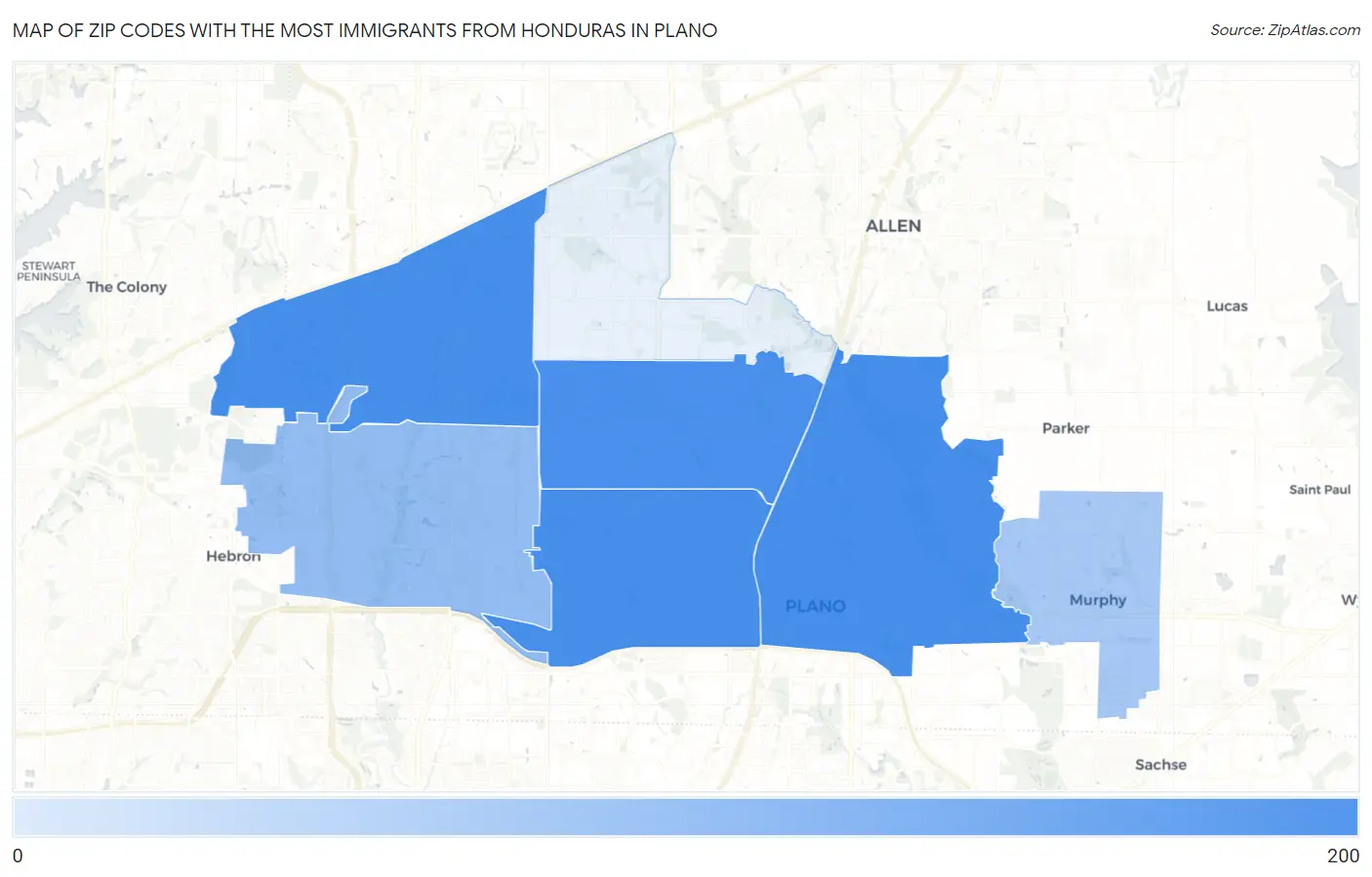 Zip Codes with the Most Immigrants from Honduras in Plano Map
