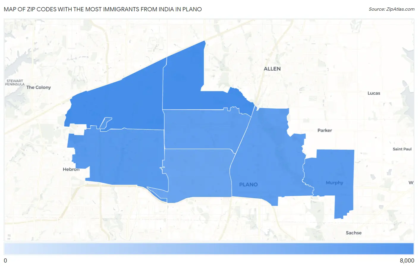 Zip Codes with the Most Immigrants from India in Plano Map