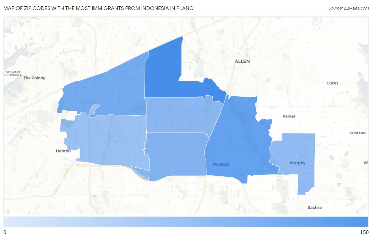 Zip Codes with the Most Immigrants from Indonesia in Plano Map
