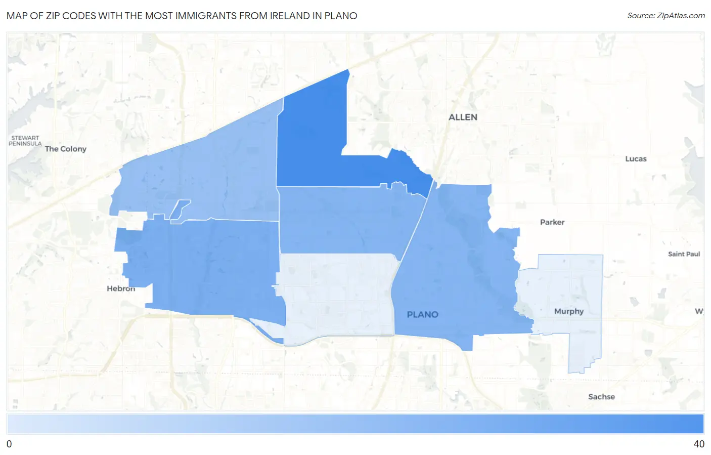 Zip Codes with the Most Immigrants from Ireland in Plano Map