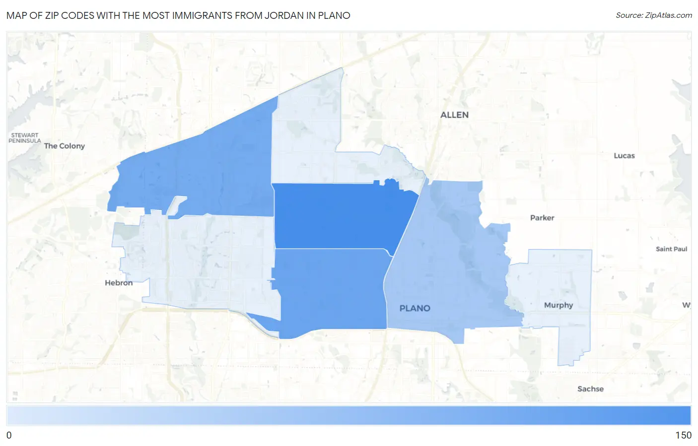 Zip Codes with the Most Immigrants from Jordan in Plano Map