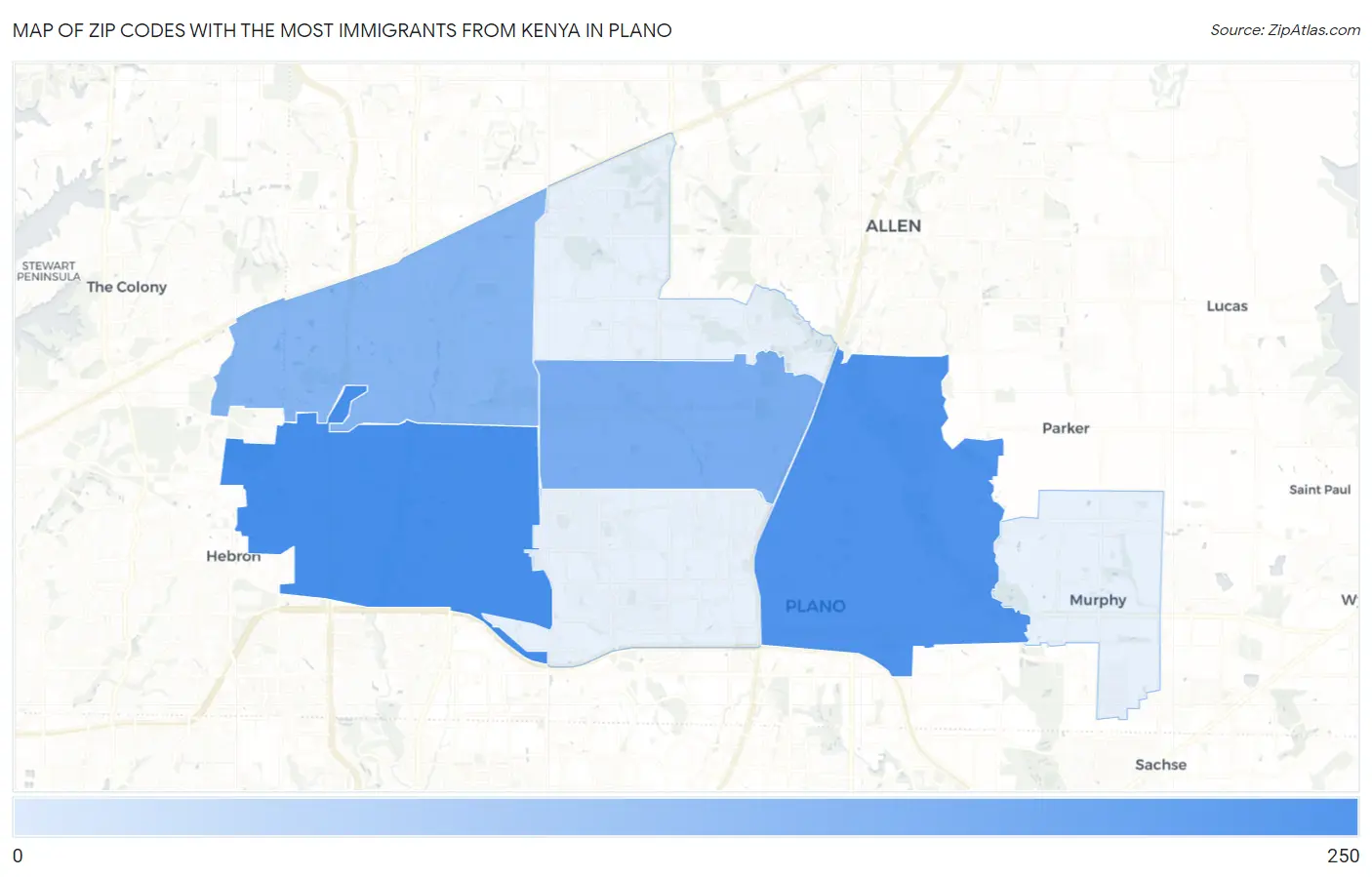 Zip Codes with the Most Immigrants from Kenya in Plano Map