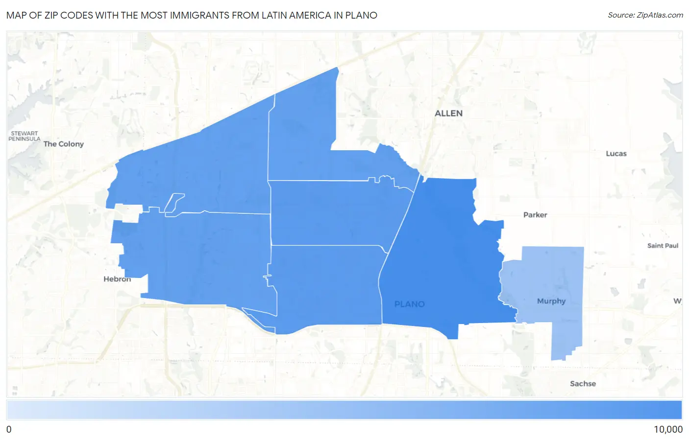 Zip Codes with the Most Immigrants from Latin America in Plano Map