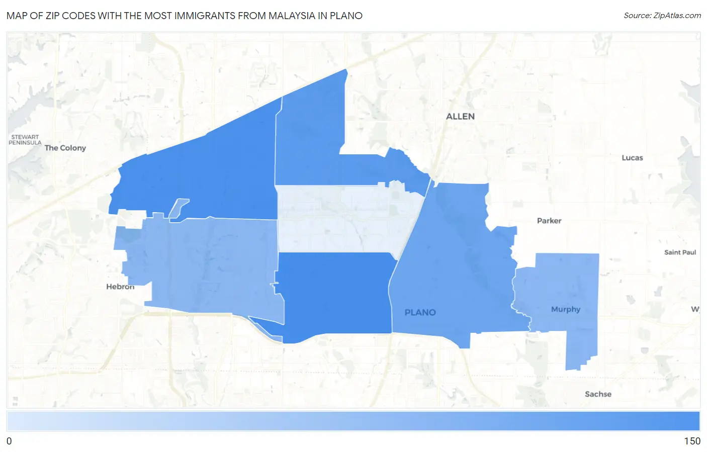 Zip Codes with the Most Immigrants from Malaysia in Plano Map