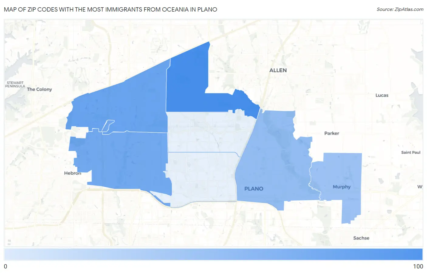 Zip Codes with the Most Immigrants from Oceania in Plano Map