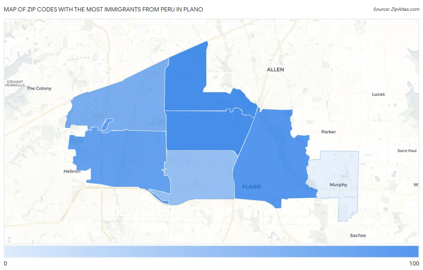 Zip Codes with the Most Immigrants from Peru in Plano Map