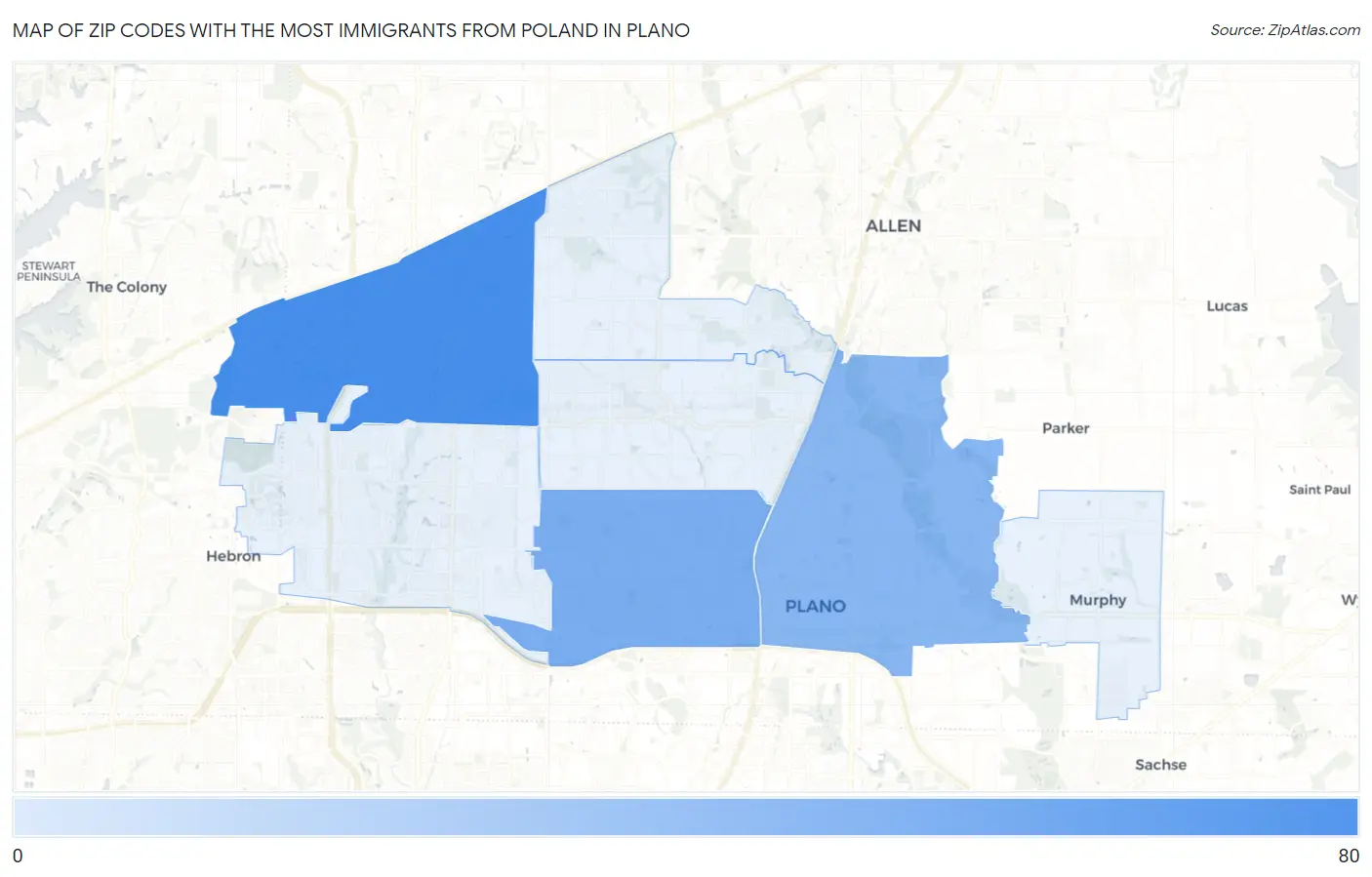 Zip Codes with the Most Immigrants from Poland in Plano Map