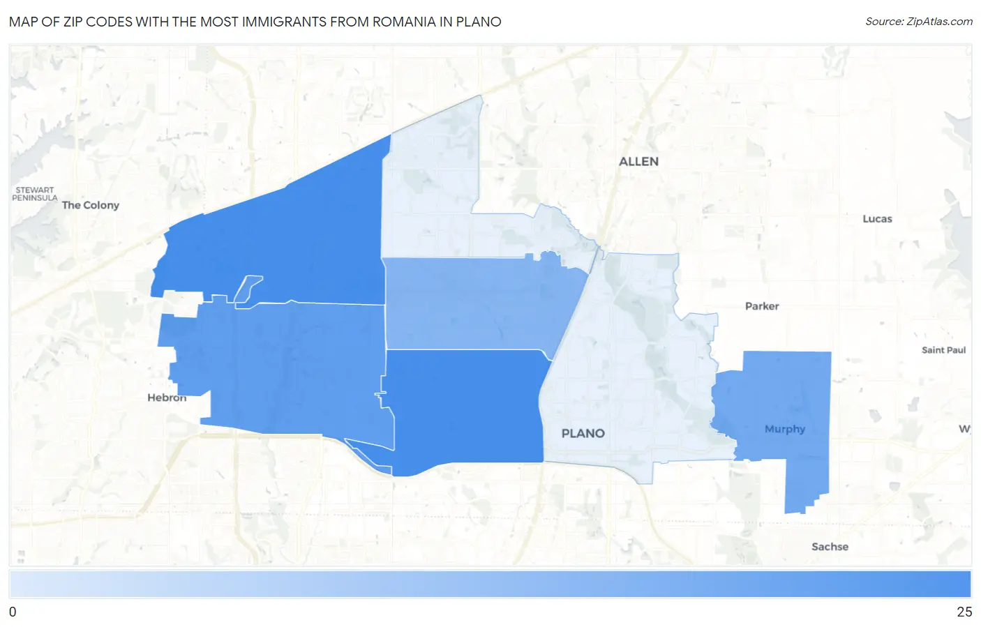 Zip Codes with the Most Immigrants from Romania in Plano Map