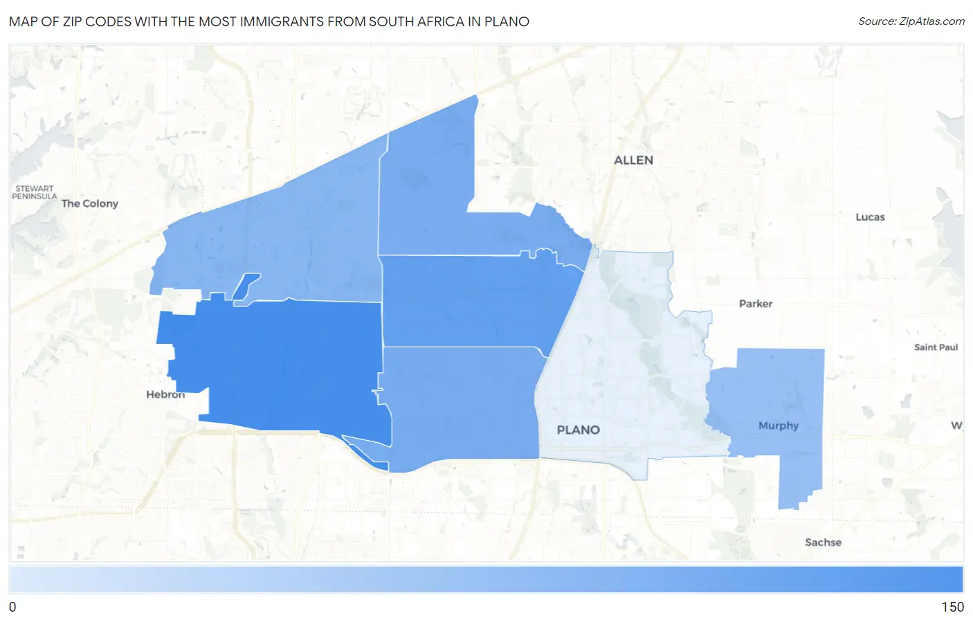 Zip Codes with the Most Immigrants from South Africa in Plano Map