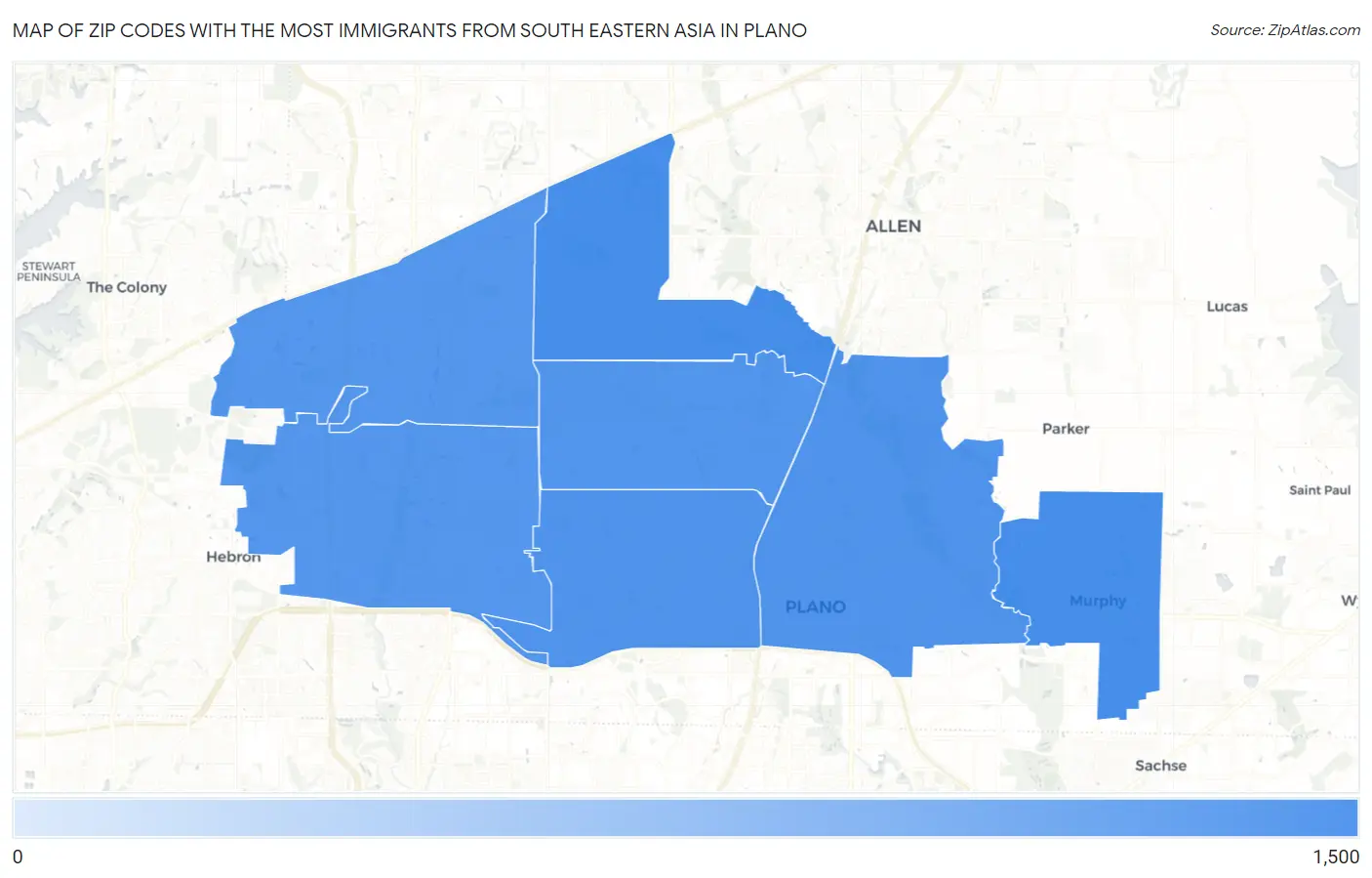 Zip Codes with the Most Immigrants from South Eastern Asia in Plano Map