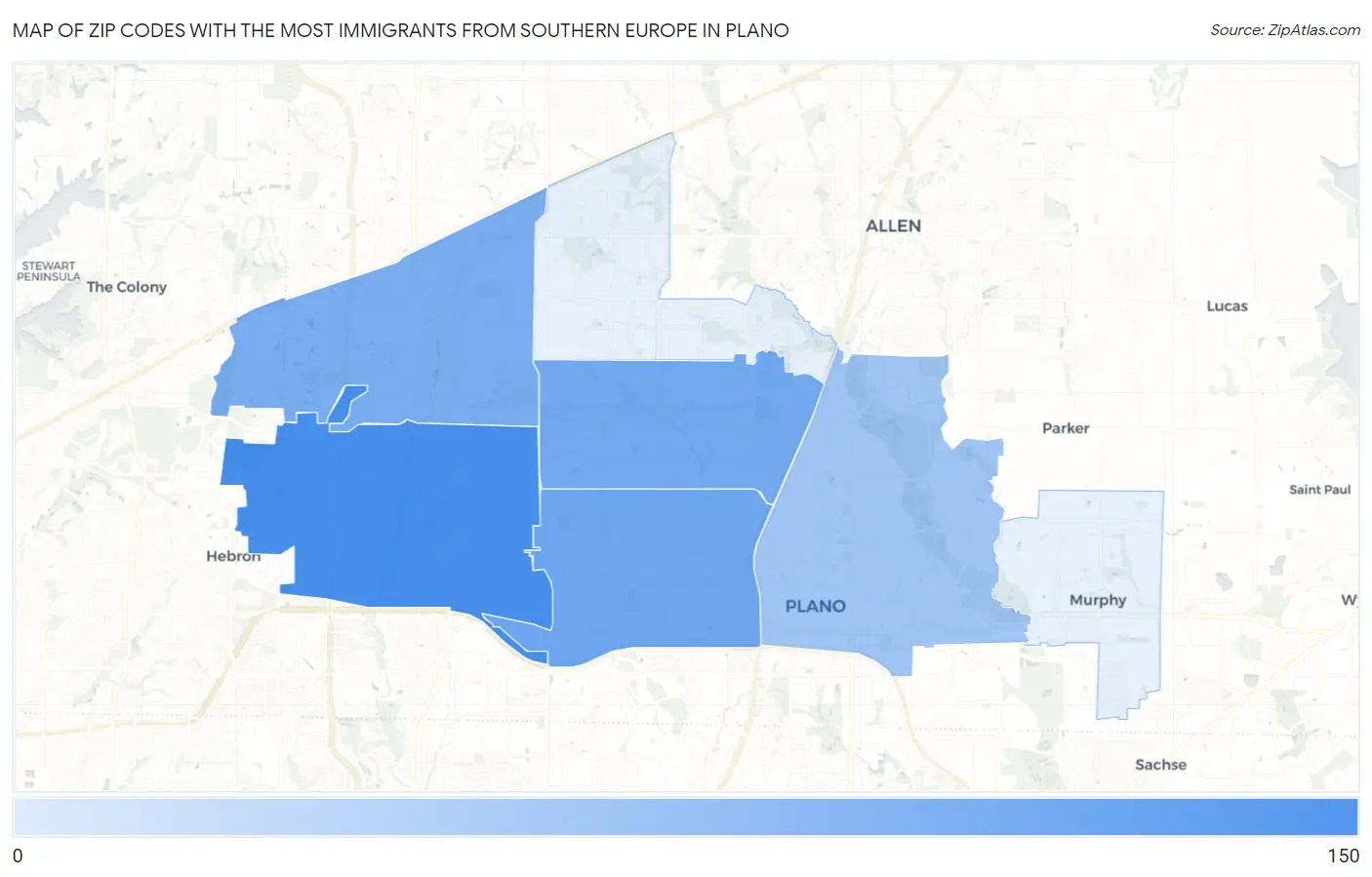 Zip Codes with the Most Immigrants from Southern Europe in Plano Map