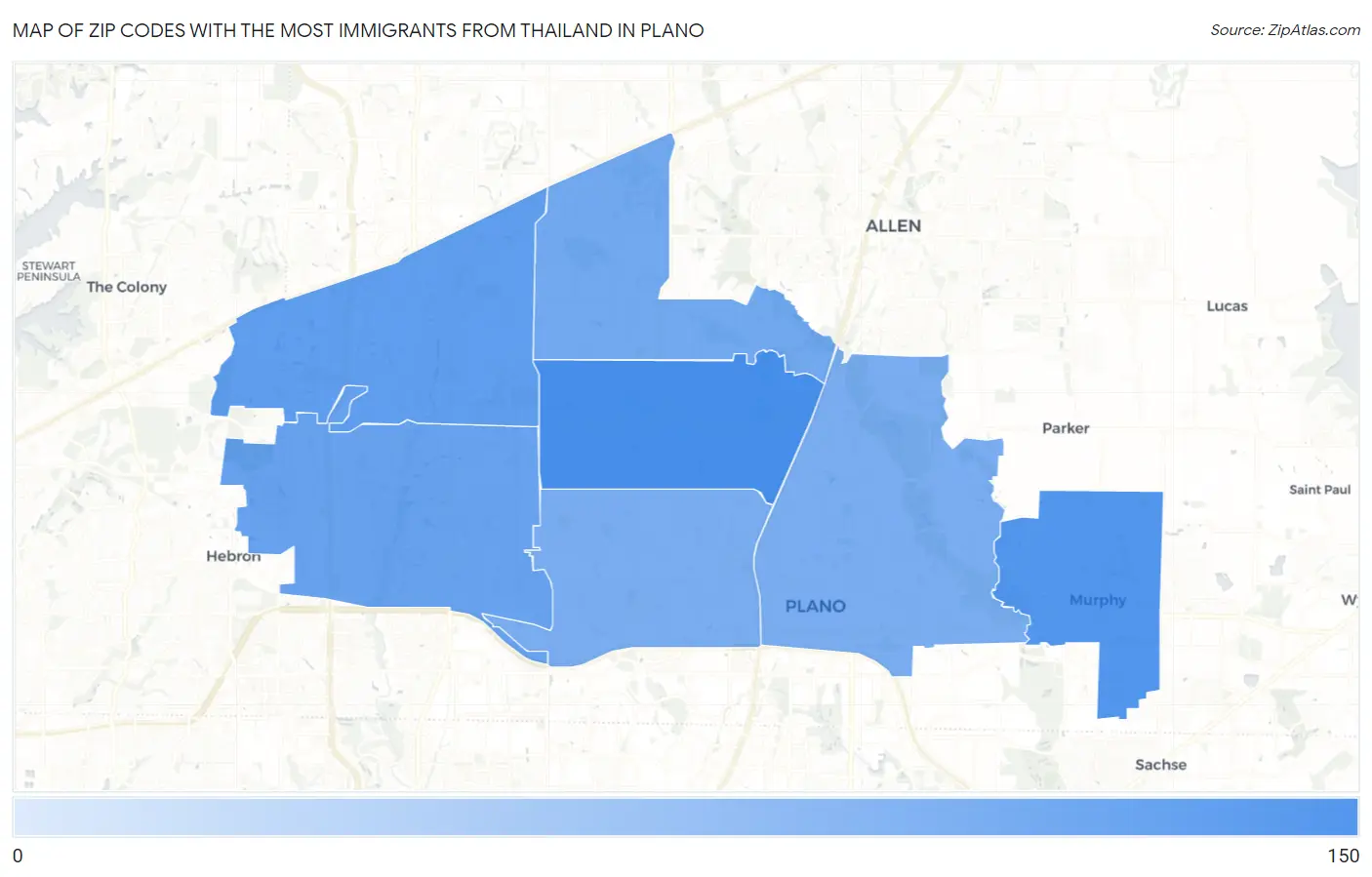 Zip Codes with the Most Immigrants from Thailand in Plano Map