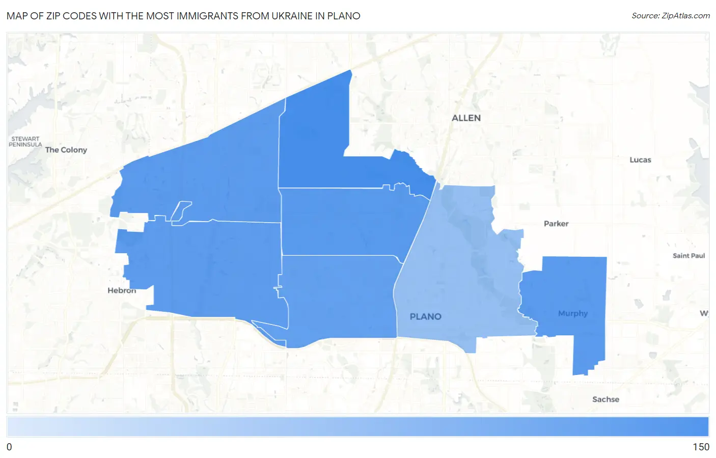 Zip Codes with the Most Immigrants from Ukraine in Plano Map