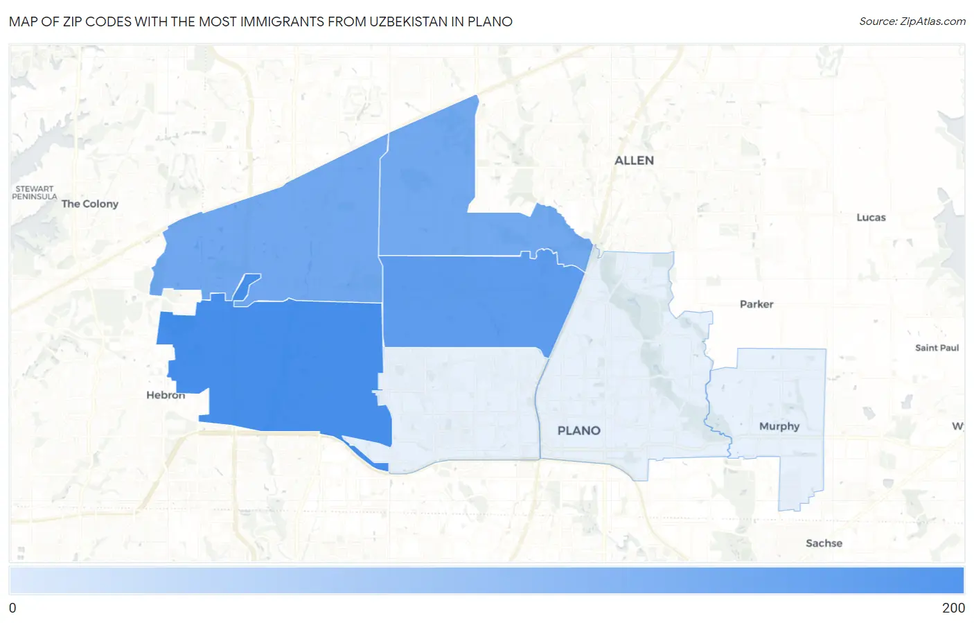 Zip Codes with the Most Immigrants from Uzbekistan in Plano Map